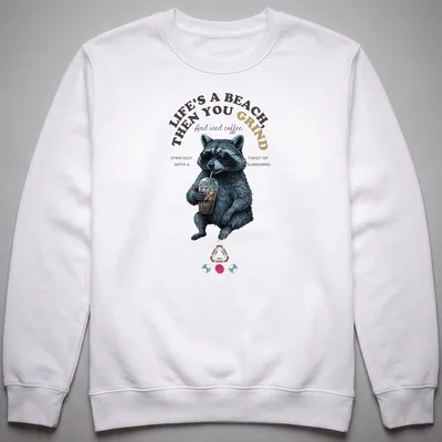 Realistic print of a raccoon enjoying iced coffee with humorous text. — printed on a unisex sweatshirt