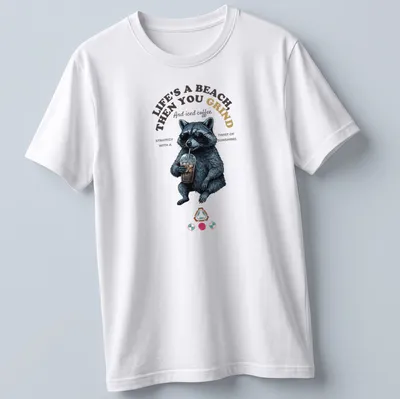 Realistic print of a raccoon enjoying iced coffee with humorous text.