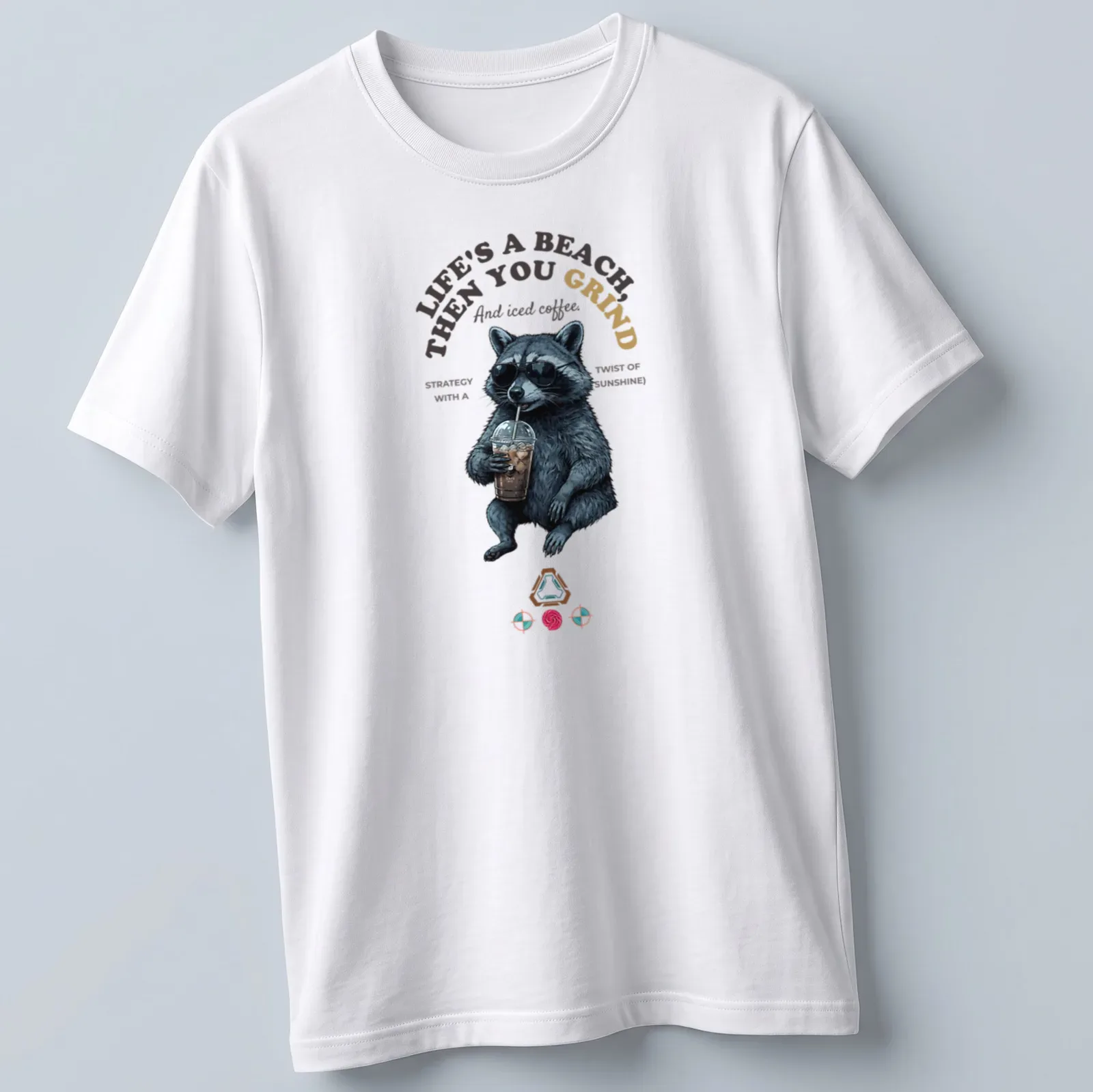 Realistic print of a raccoon enjoying iced coffee with humorous text. — printed on a unisex t-shirt
