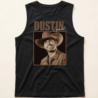 Vintage sepia t-shirt featuring country star Dustin Lynch's name in brown tones — printed on a tank top