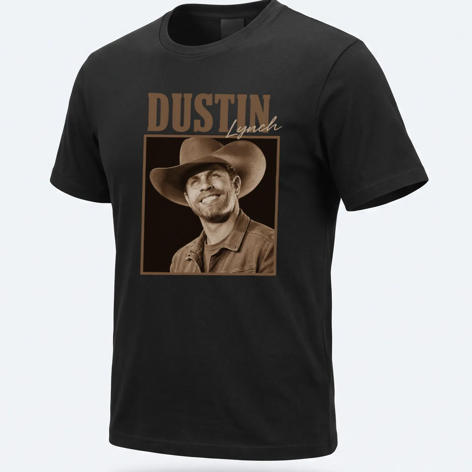 Vintage sepia t-shirt featuring country star Dustin Lynch's name in brown tones — printed on a unisex t-shirt