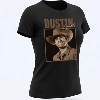 Vintage sepia t-shirt featuring country star Dustin Lynch's name in brown tones — printed on a women's shirt