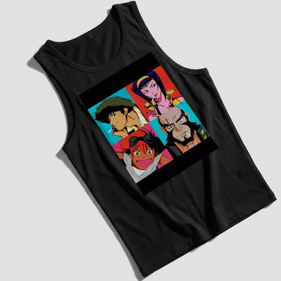 Anime pop art featuring a collage of Cowboy Bebop characters in various colors — printed on a tank top