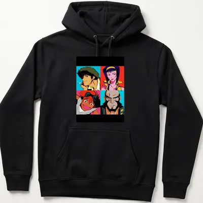 Anime pop art featuring a collage of Cowboy Bebop characters in various colors — printed on a unisex hoodie