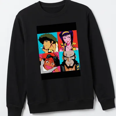 Anime pop art featuring a collage of Cowboy Bebop characters in various colors — printed on a unisex sweatshirt
