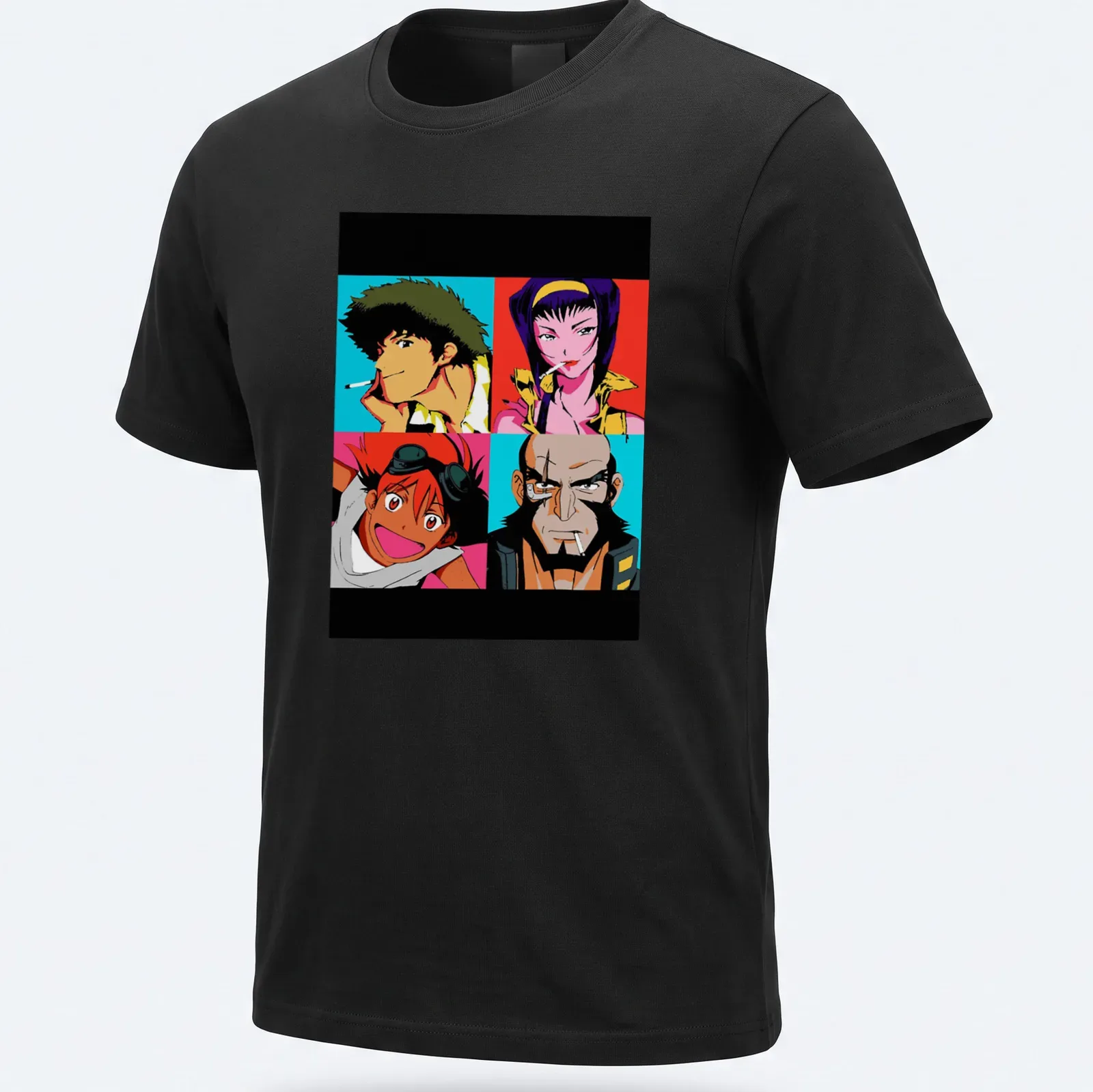 Anime pop art featuring a collage of Cowboy Bebop characters in various colors — printed on a unisex t-shirt
