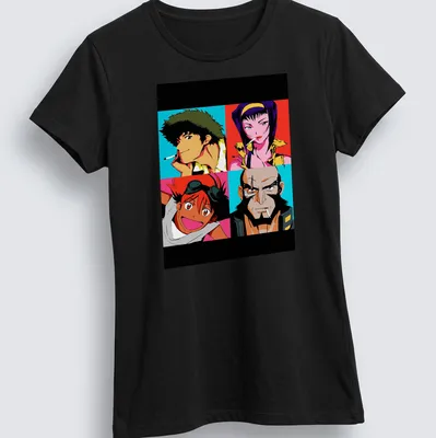 Anime pop art featuring a collage of Cowboy Bebop characters in various colors — printed on a women's shirt