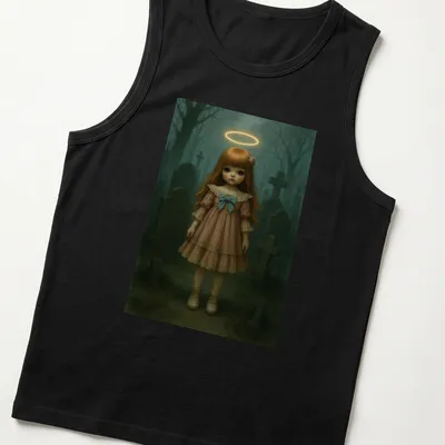 Creepy doll with halo in fantasy art style featuring muted colors. — printed on a tank top