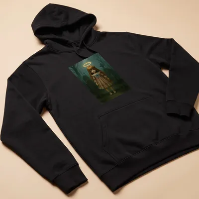 Creepy doll with halo in fantasy art style featuring muted colors. — printed on a unisex hoodie