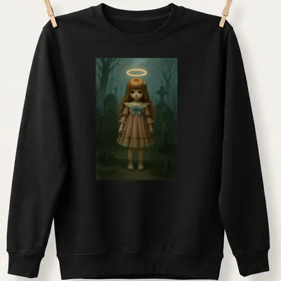 Creepy doll with halo in fantasy art style featuring muted colors. — printed on a unisex sweatshirt