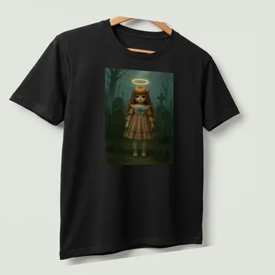 Creepy doll with halo in fantasy art style featuring muted colors. — printed on a unisex t-shirt (angled view)