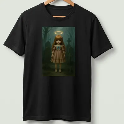 Creepy doll with halo in fantasy art style featuring muted colors.