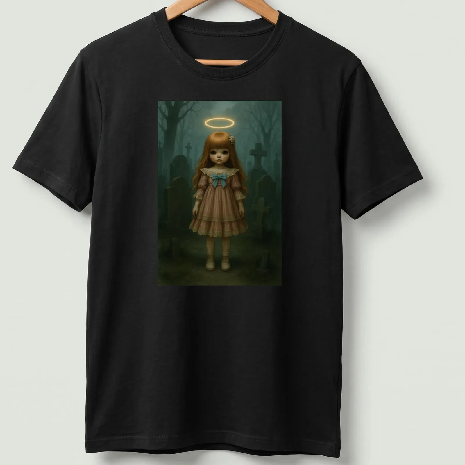 Creepy doll with halo in fantasy art style featuring muted colors. — printed on a unisex t-shirt