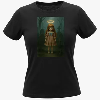 Creepy doll with halo in fantasy art style featuring muted colors. — printed on a women's shirt