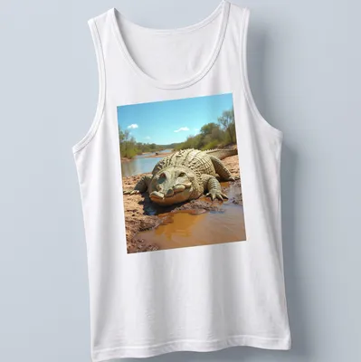 Realistic crocodile illustration with Neon Akron Lubricantes text — printed on a tank top