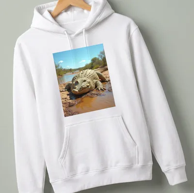 Realistic crocodile illustration with Neon Akron Lubricantes text — printed on a unisex hoodie