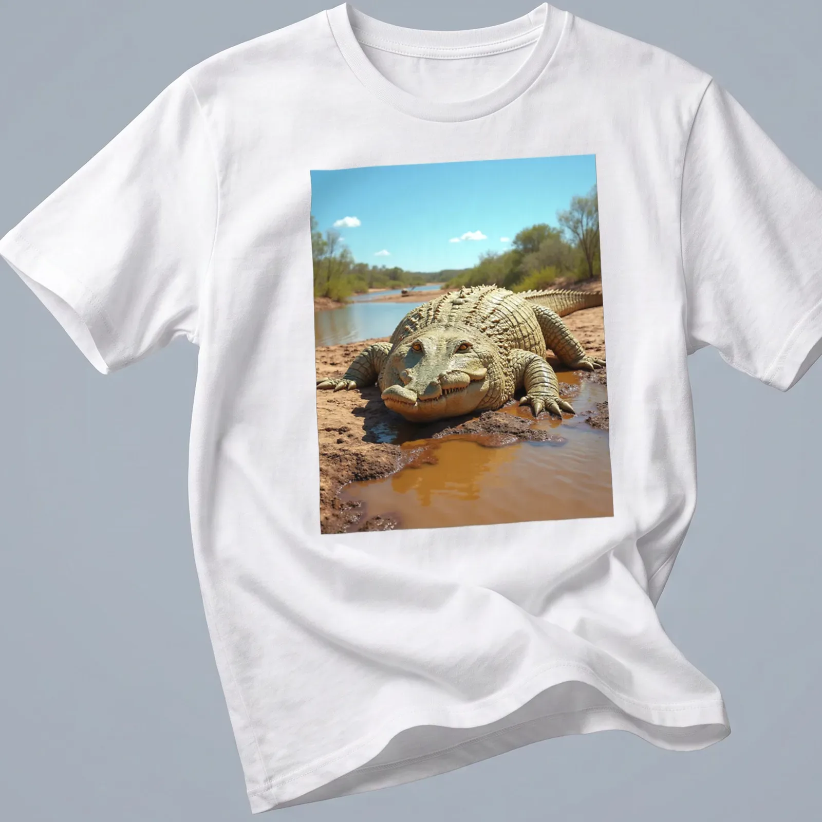 Realistic crocodile illustration with Neon Akron Lubricantes text — printed on a unisex t-shirt