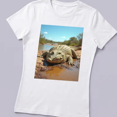 Realistic crocodile illustration with Neon Akron Lubricantes text — printed on a women's shirt