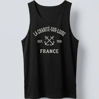 Vintage-style T-shirt with crossed boat anchors and La Charité-Sur-Loire text — printed on a tank top