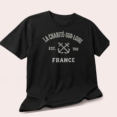Vintage-style T-shirt with crossed boat anchors and La Charité-Sur-Loire text — printed on a unisex t-shirt (angled view)