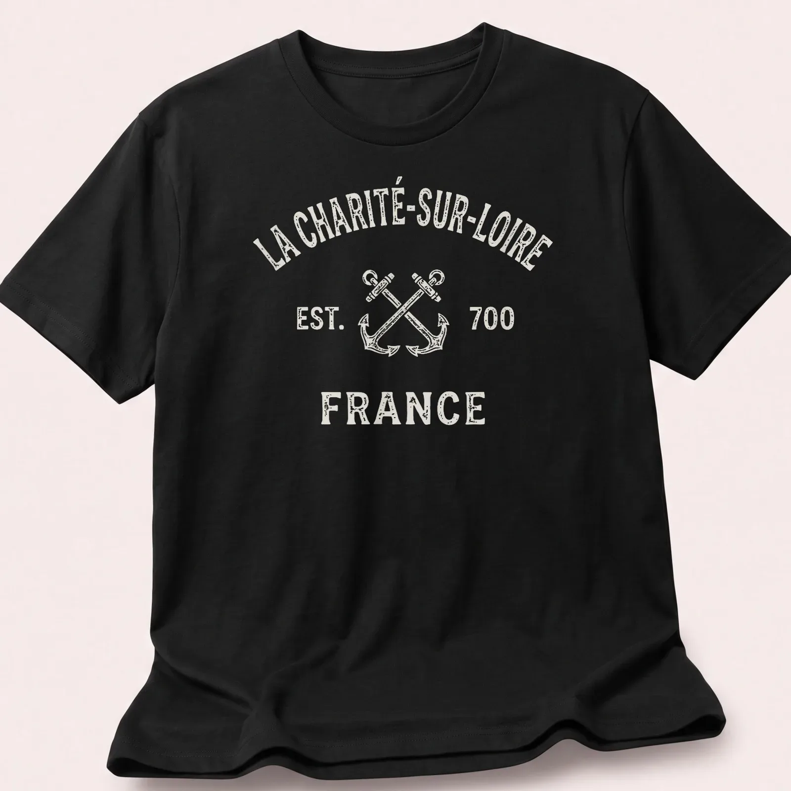 Vintage-style T-shirt with crossed boat anchors and La Charité-Sur-Loire text — printed on a unisex t-shirt