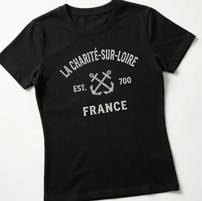 Vintage-style T-shirt with crossed boat anchors and La Charité-Sur-Loire text — printed on a women's shirt