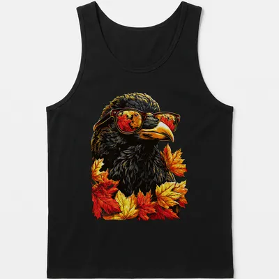 Vibrant illustration of a crow with sunglasses surrounded by autumn leaves in orange and yellow — printed on a tank top