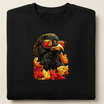 Vibrant illustration of a crow with sunglasses surrounded by autumn leaves in orange and yellow — printed on a unisex sweatshirt