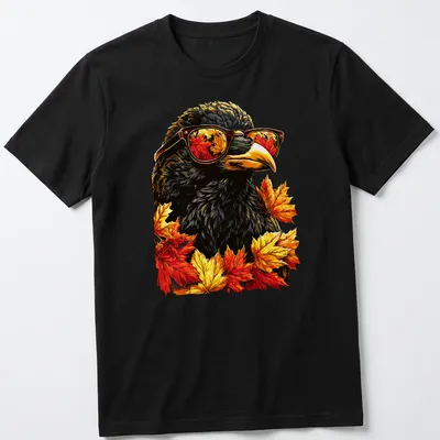 Vibrant illustration of a crow with sunglasses surrounded by autumn leaves in orange and yellow