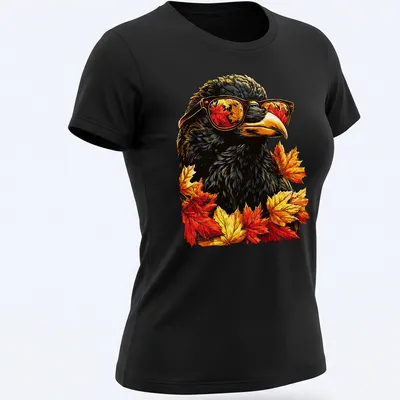 Vibrant illustration of a crow with sunglasses surrounded by autumn leaves in orange and yellow — printed on a women's shirt