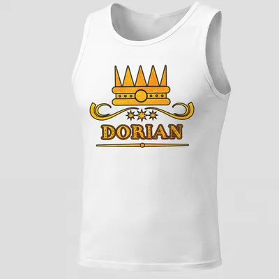 Vintage-style T-shirt with gold lettering of the name Dorian beneath a crown graphic — printed on a tank top