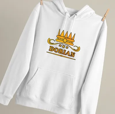 Vintage-style T-shirt with gold lettering of the name Dorian beneath a crown graphic — printed on a unisex hoodie