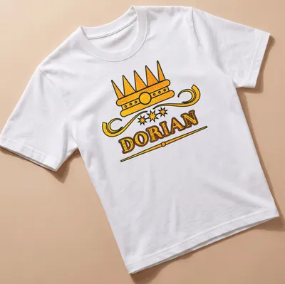 Vintage-style T-shirt with gold lettering of the name Dorian beneath a crown graphic