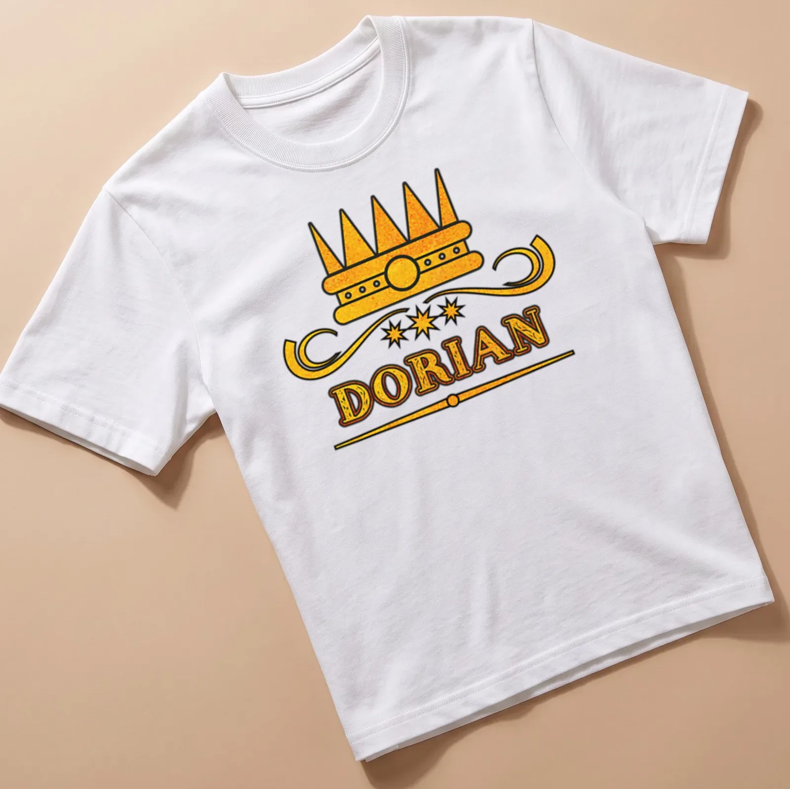 Vintage-style T-shirt with gold lettering of the name Dorian beneath a crown graphic — printed on a unisex t-shirt