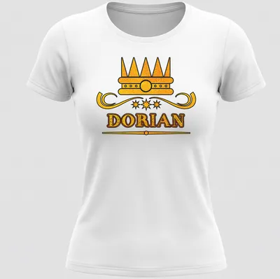 Vintage-style T-shirt with gold lettering of the name Dorian beneath a crown graphic — printed on a women's shirt