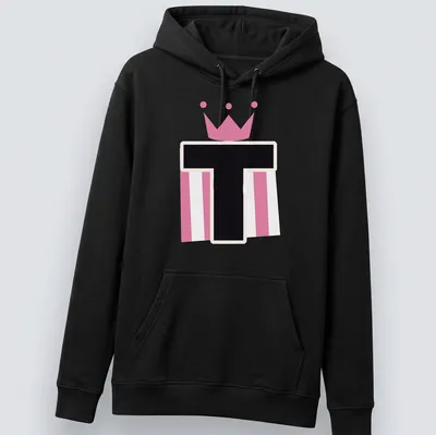Playful t-shirt featuring a crown on the letter T in pink, black, and white. — printed on a unisex hoodie
