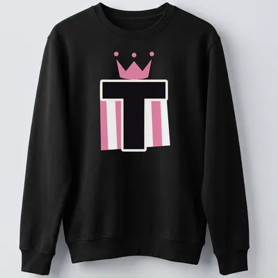 Playful t-shirt featuring a crown on the letter T in pink, black, and white. — printed on a unisex sweatshirt
