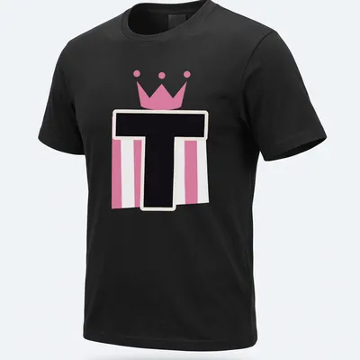 Playful t-shirt featuring a crown on the letter T in pink, black, and white.