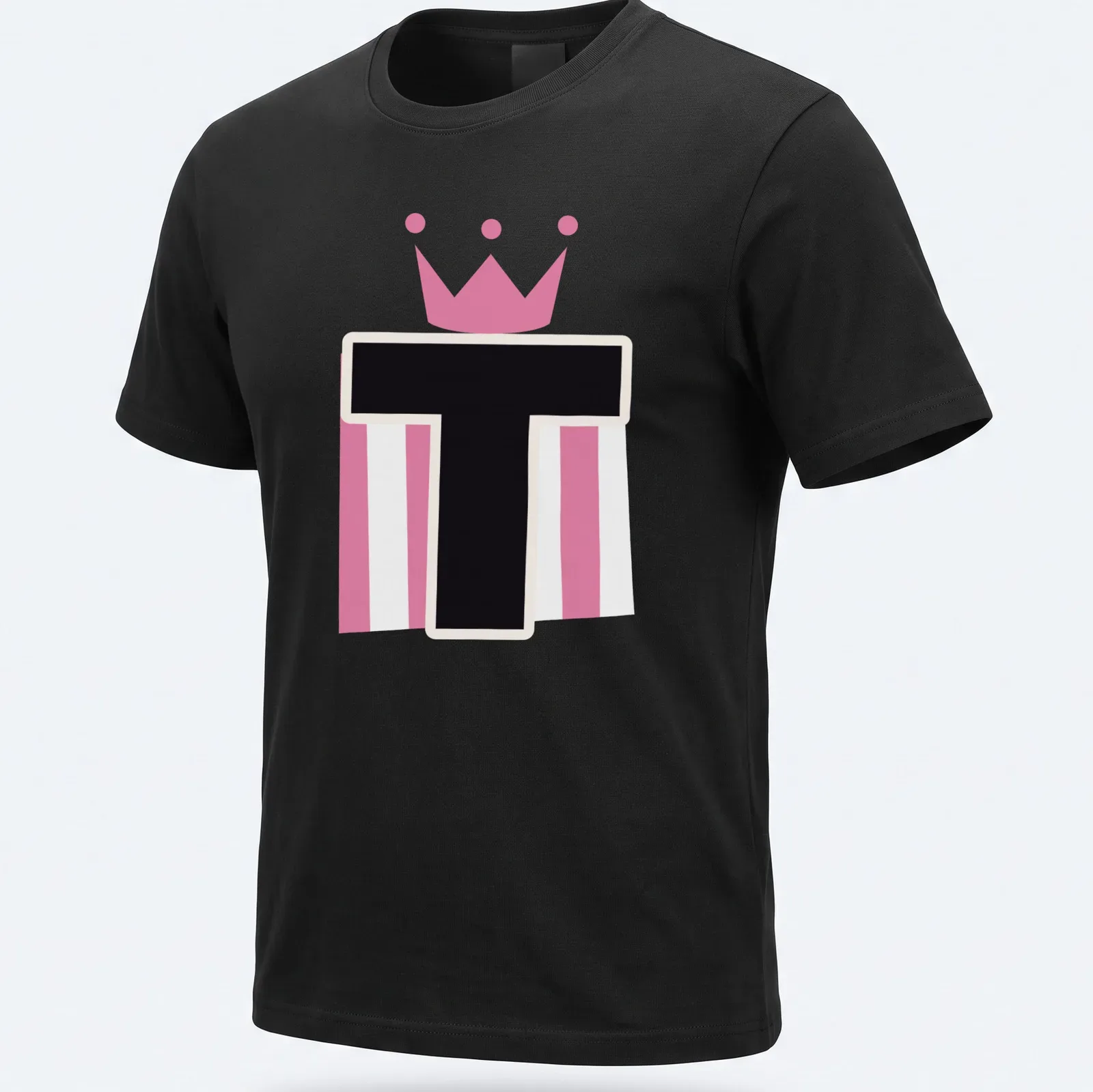 Playful t-shirt featuring a crown on the letter T in pink, black, and white. — printed on a unisex t-shirt