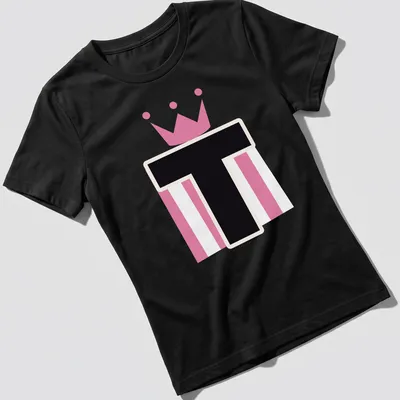 Playful t-shirt featuring a crown on the letter T in pink, black, and white. — printed on a women's shirt