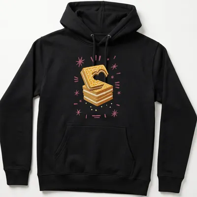 Illustrative Custard Cream Biscuit t-shirt with a heart-shaped bite and vibrant colors — printed on a unisex hoodie