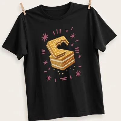 Illustrative Custard Cream Biscuit t-shirt with a heart-shaped bite and vibrant colors