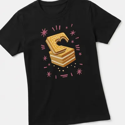 Illustrative Custard Cream Biscuit t-shirt with a heart-shaped bite and vibrant colors — printed on a women's shirt