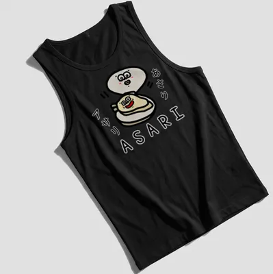 Kawaii ASARI character t-shirt with playful lettering in white, beige, and red — printed on a tank top