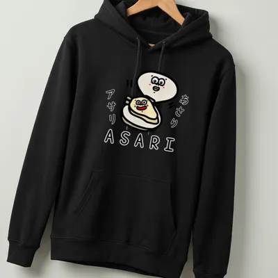 Kawaii ASARI character t-shirt with playful lettering in white, beige, and red — printed on a unisex hoodie
