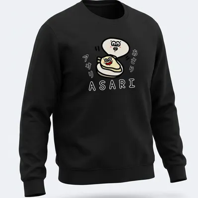 Kawaii ASARI character t-shirt with playful lettering in white, beige, and red — printed on a unisex sweatshirt