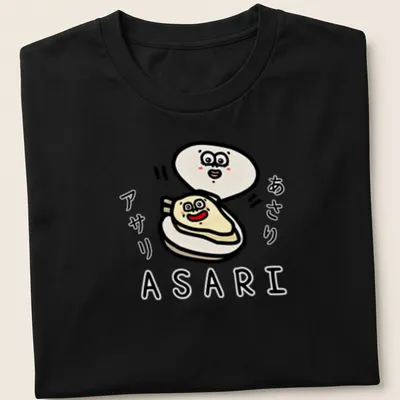 Kawaii ASARI character t-shirt with playful lettering in white, beige, and red