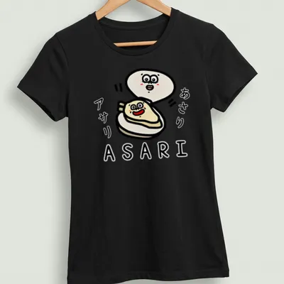 Kawaii ASARI character t-shirt with playful lettering in white, beige, and red — printed on a women's shirt