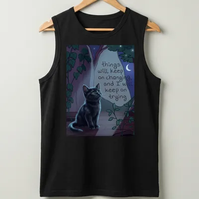 Whimsical illustration of a black cat with a motivational quote among nighttime colors — printed on a tank top