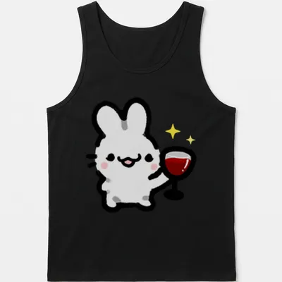 Kawaii line-art of a cute bunny holding a wine glass with colorful accents — printed on a tank top